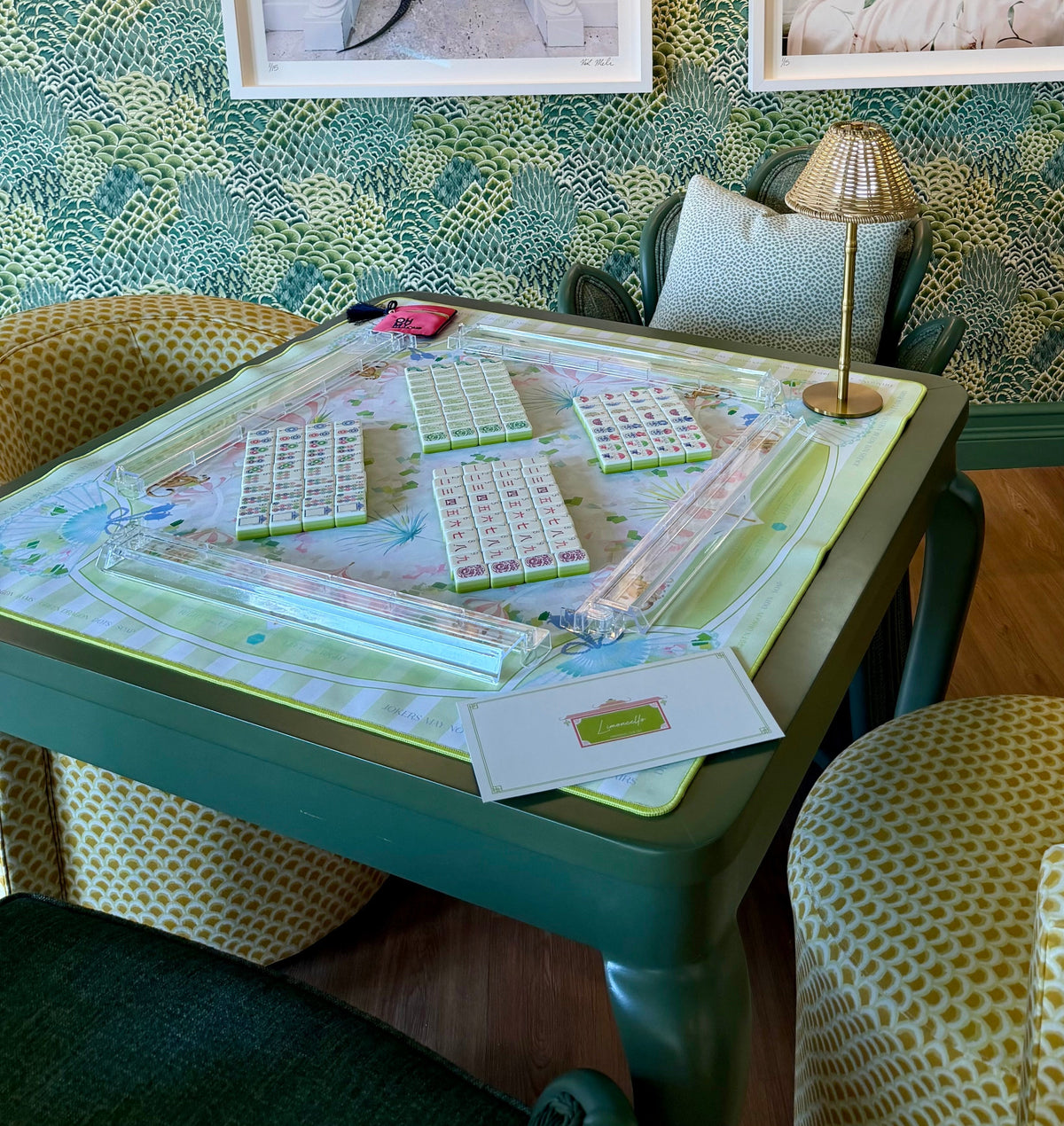 Mahjong Table with Mahjong Tiles, Racks and Mat